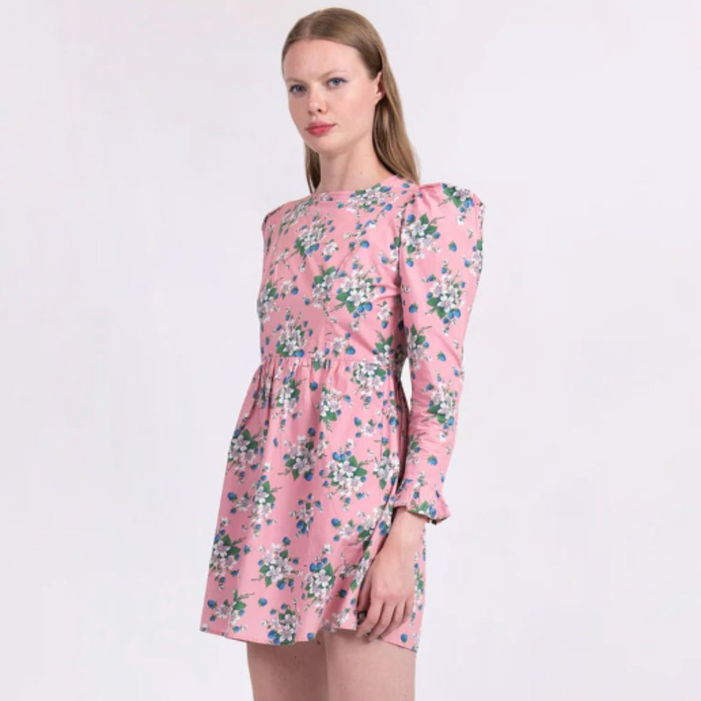 Collarless Mini Prairie Dress in Pink Lily - BATSHEVA